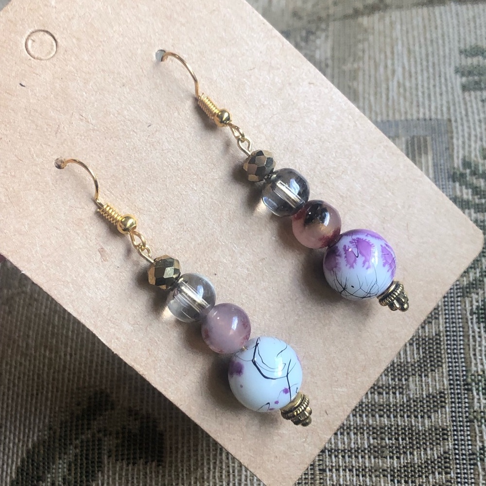 Handcrafted art glass crystal dyed agate dangle earrings